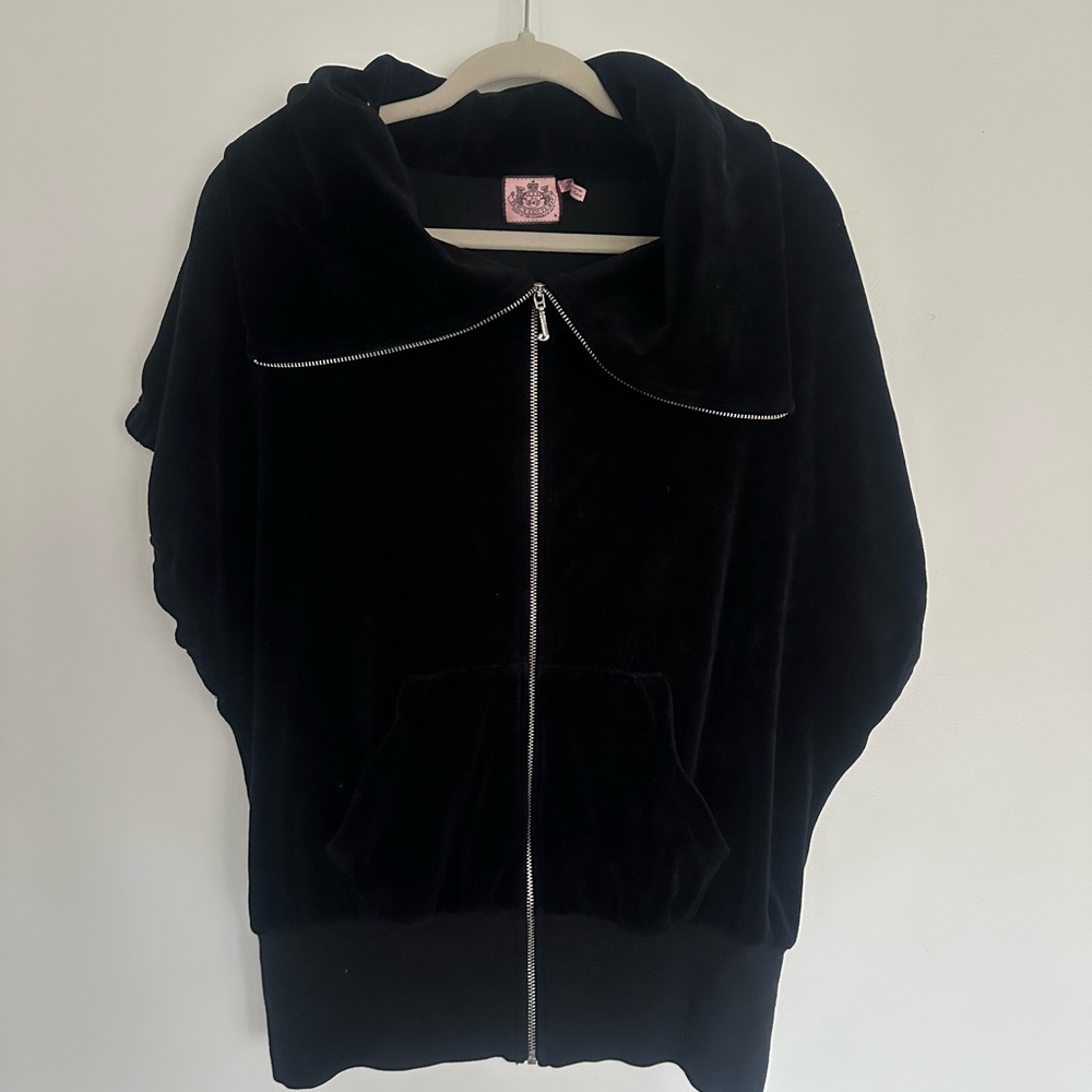 Vintage Juicy Couture Black Velour Zip Hoodie – Size M, Wide Collar, Y2K Style - Picture 2 of 9